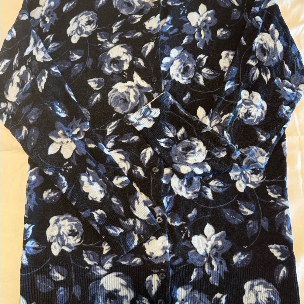 Black Floral Open Blazer Jacket with Blue Rose Print - Picture 8 of 10
